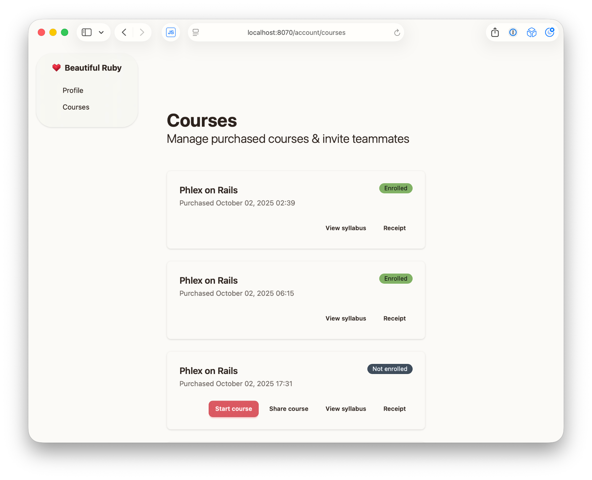 Screenshot of the courses enrollment screen