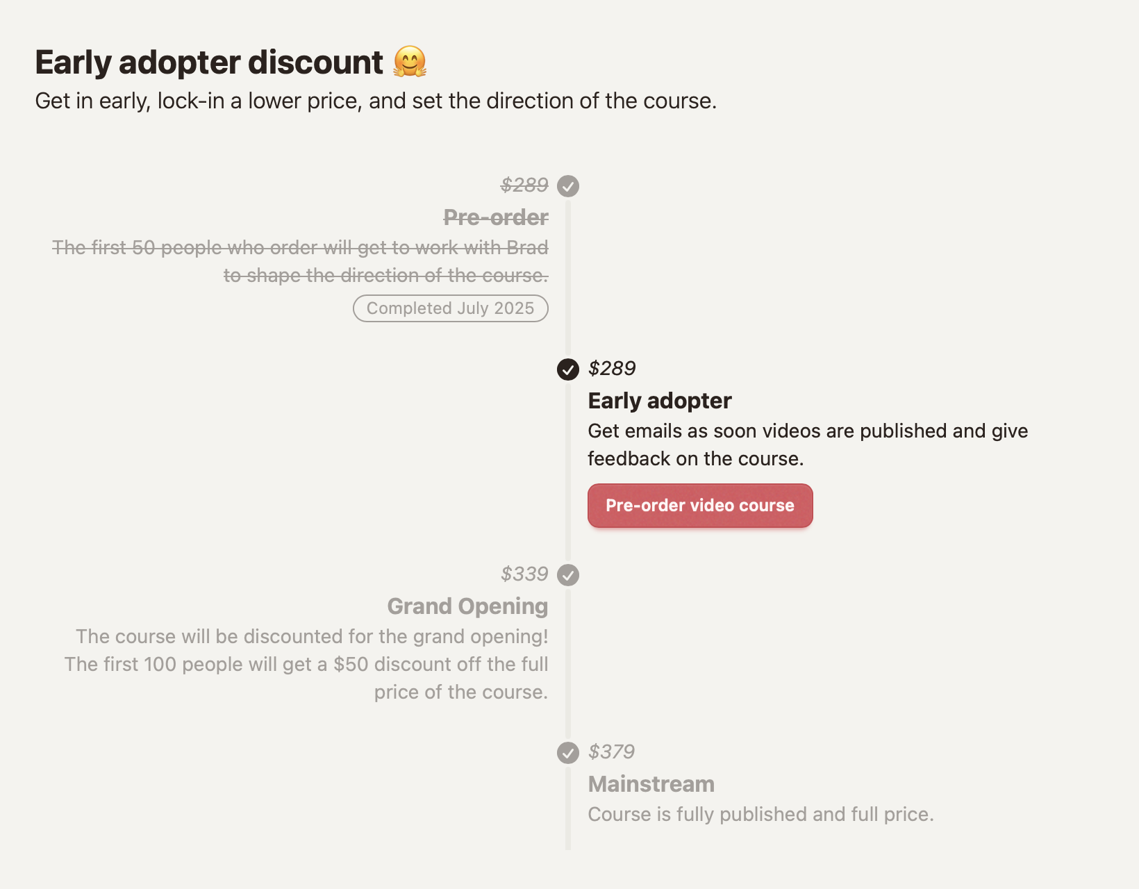 Screenshot of early adopter discount