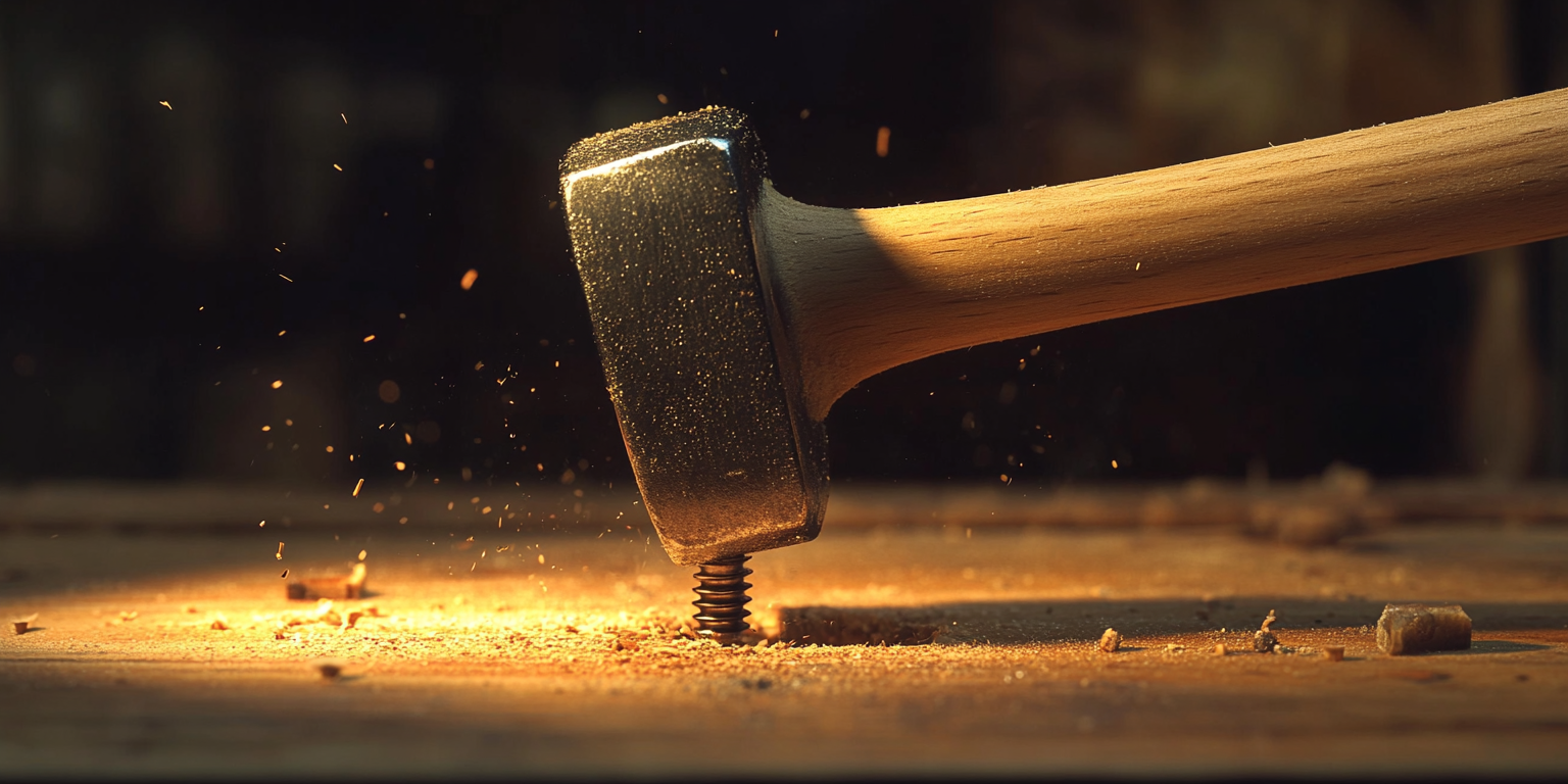 Hammer pounding a screw into a piece of wood.