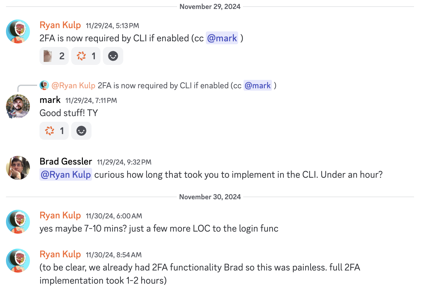 Screenshot of Discord chat showing how Ryan shipped a feature in a few hours