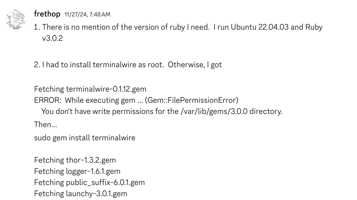 Chat transcript of a person struggling to install Ruby and RubyGems in Linux