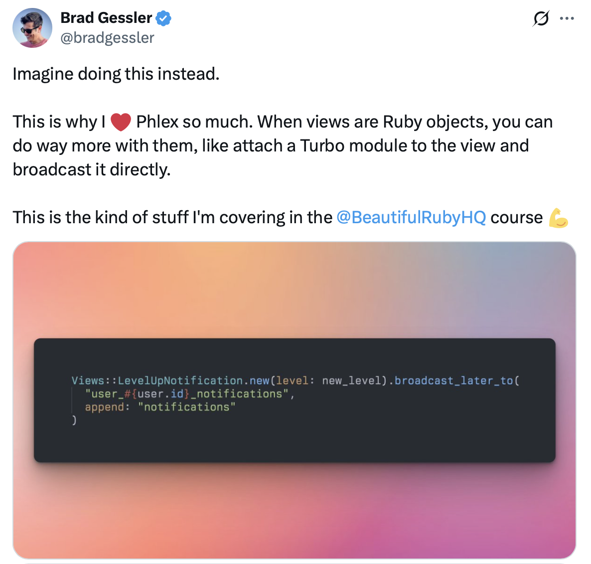 Tweet showing turbo broadcast being called directly from a view
