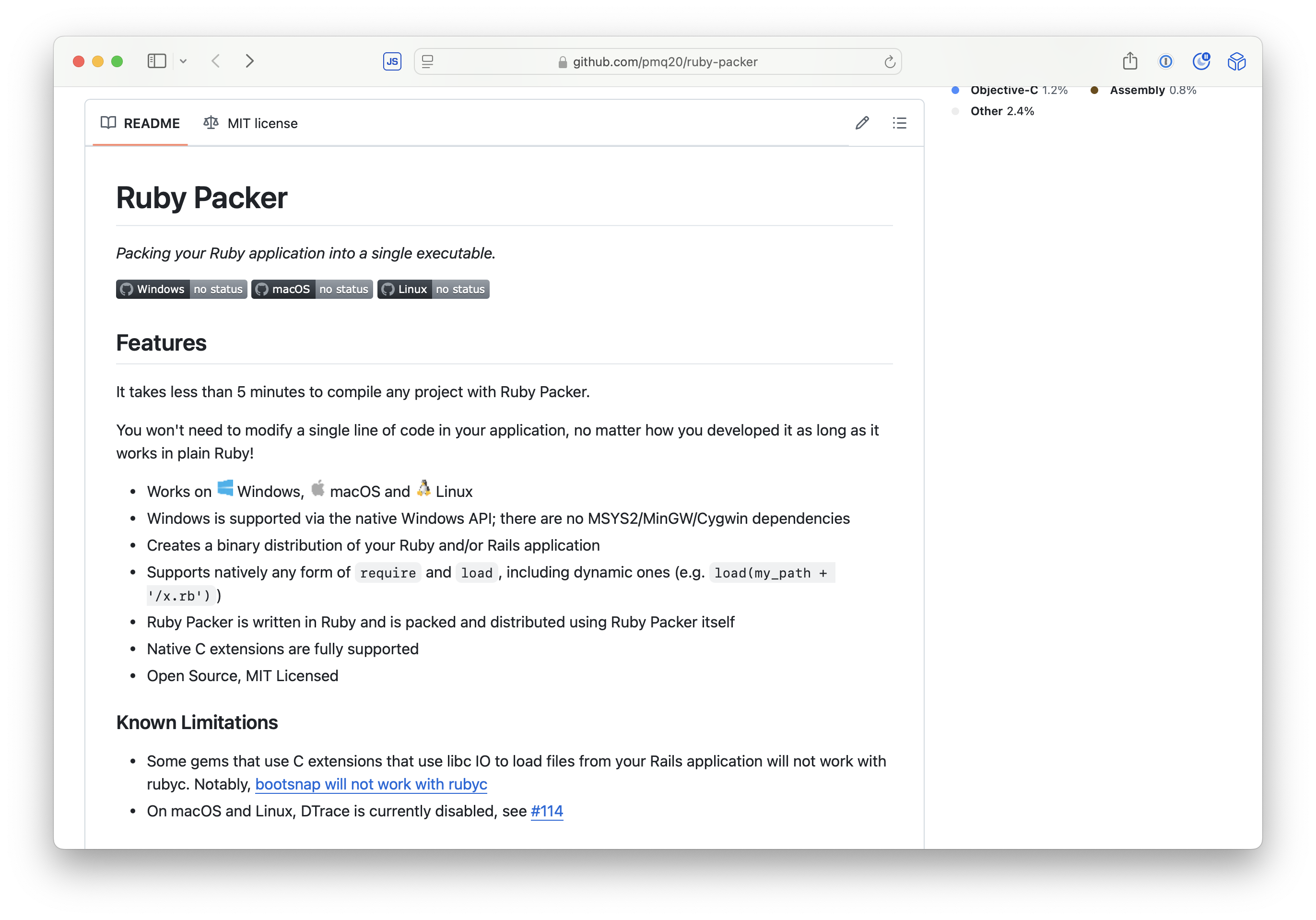 Github README of Ruby Packer