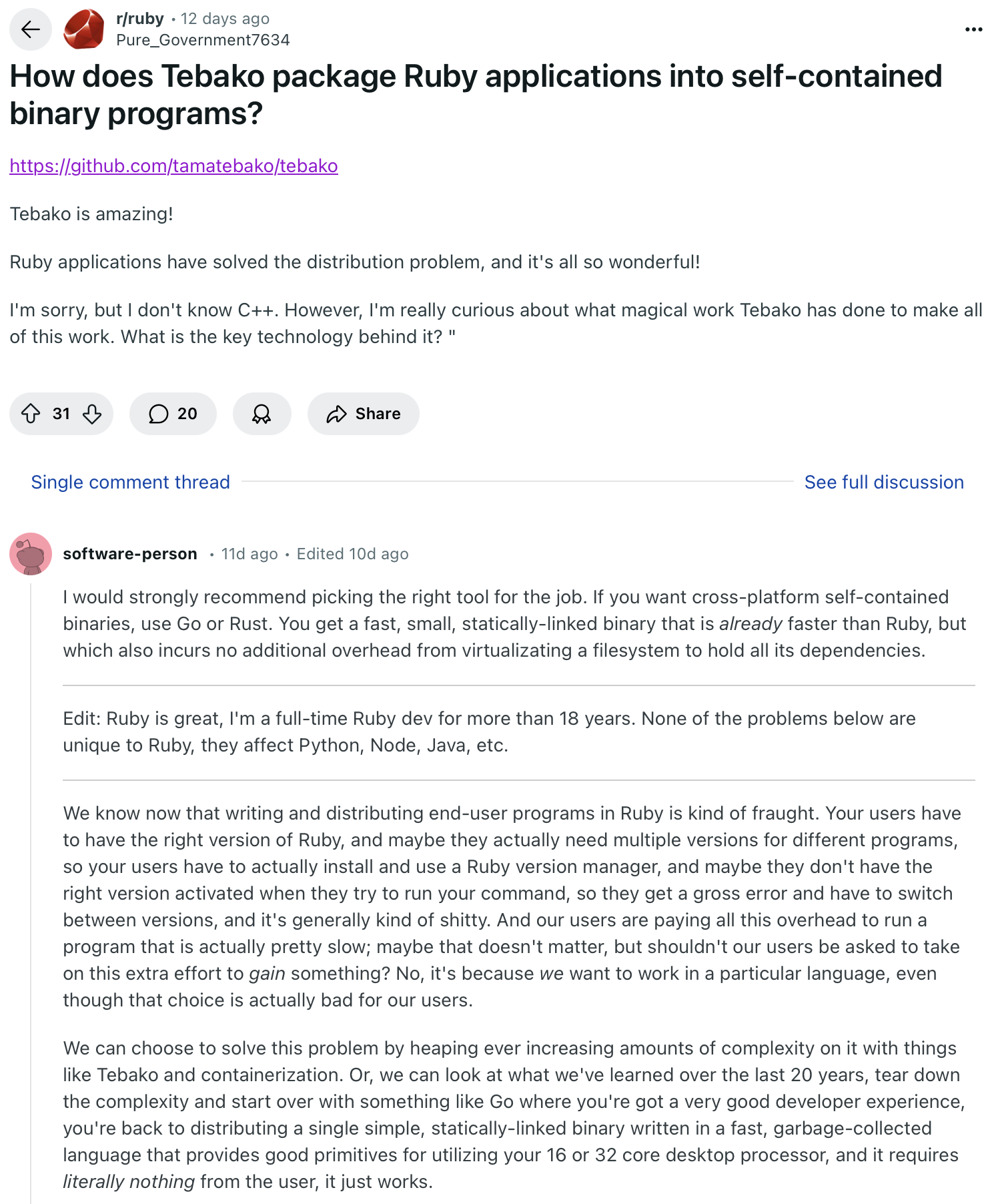 Reddit user describing why Ruby is the wrong tool for the job