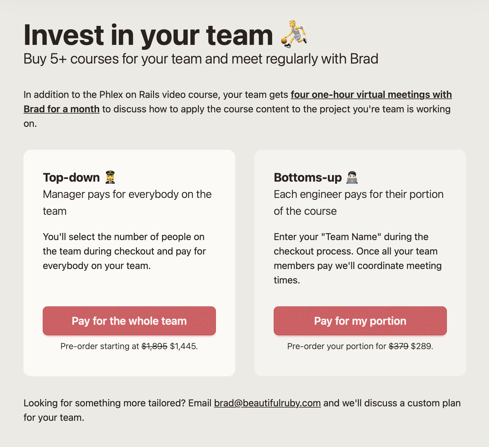 Screenshot of corporate packages