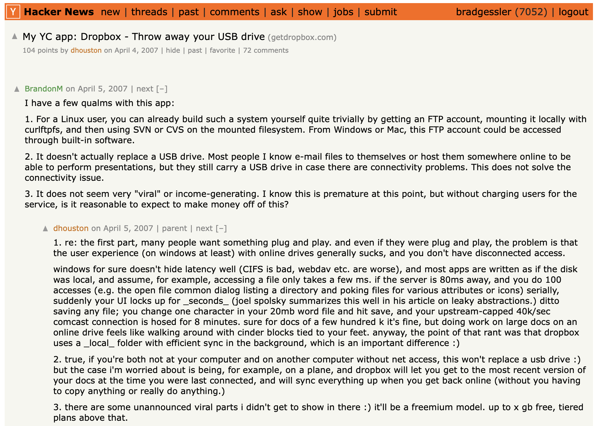 HN Thread of Drew Houston launching Dropbox